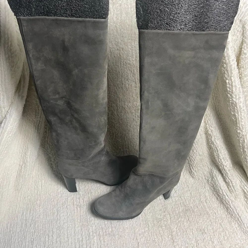 Stuart Weitzman Leather Gray Suede Knee-High slip on Heel Boots SZ8M